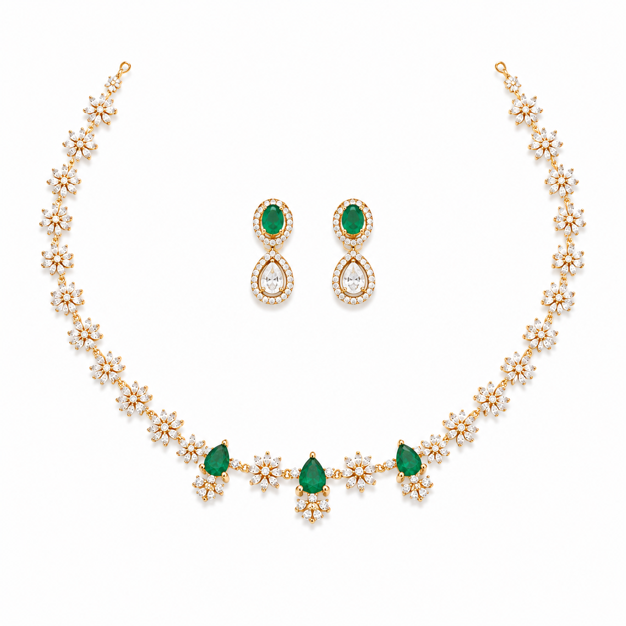 Emerald Bloom Diamond Gold Plated Necklace Set