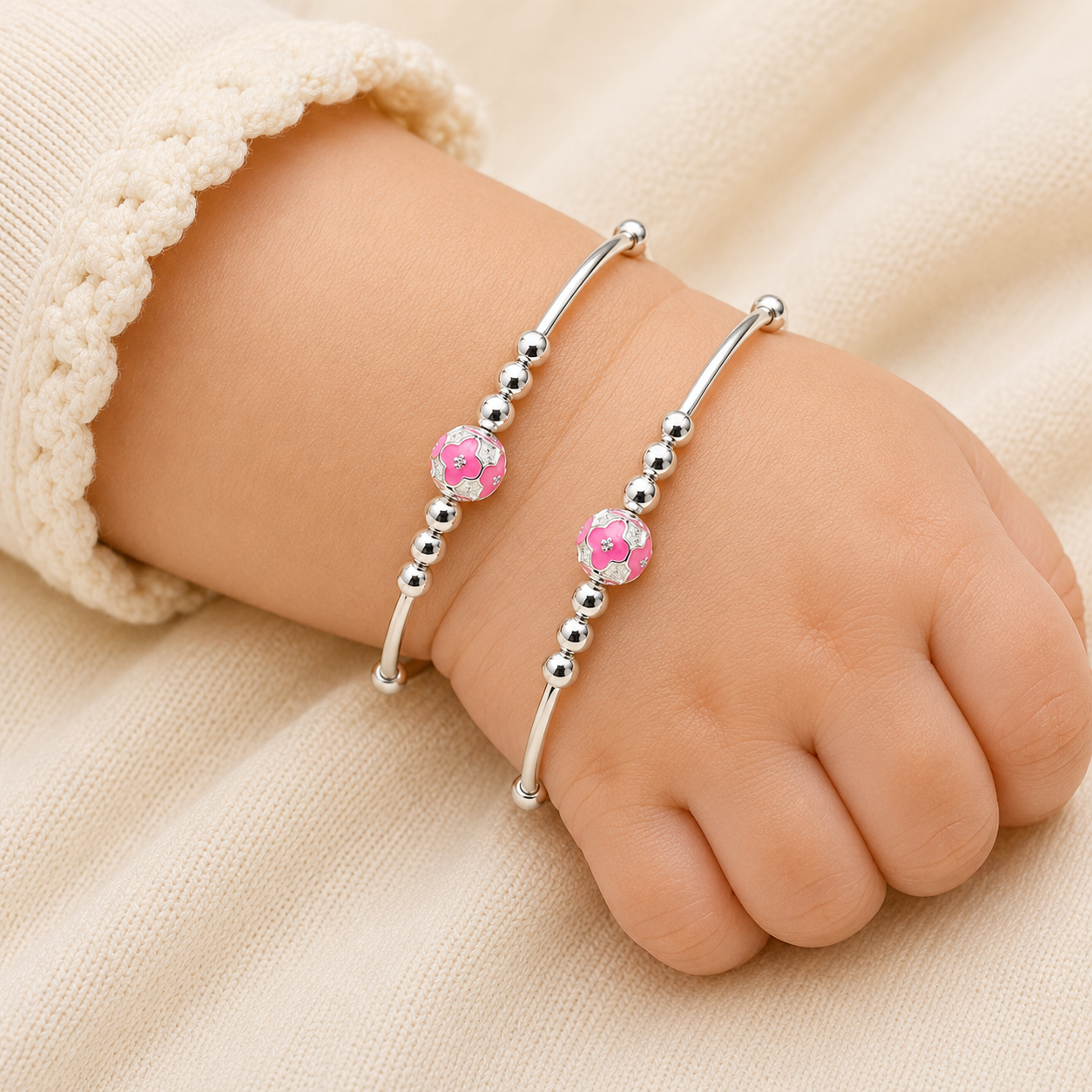 Baby Silver Red Enamel Bead Kada