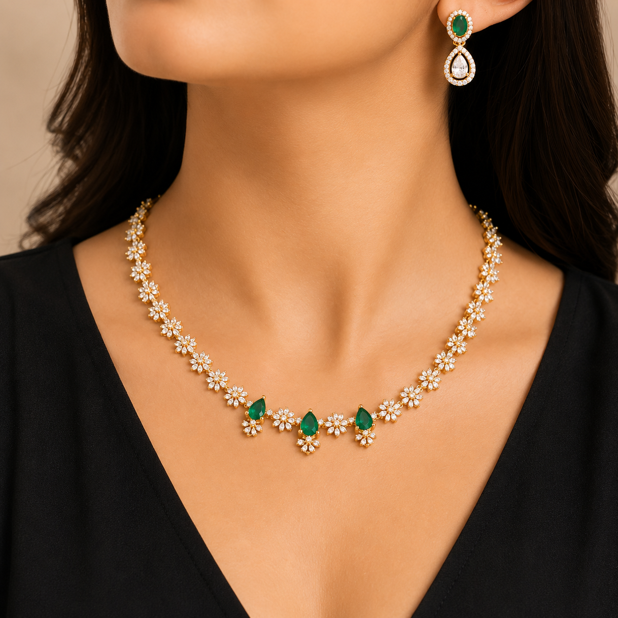 Emerald Bloom Diamond Gold Plated Necklace Set