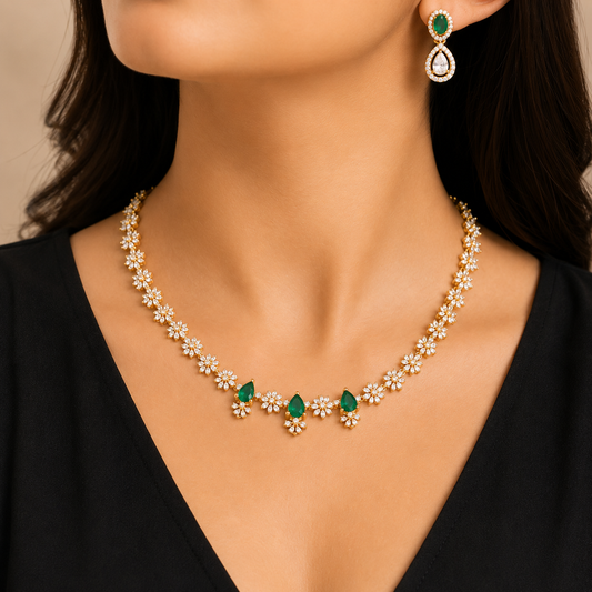 Emerald Bloom Diamond Gold Plated Necklace Set