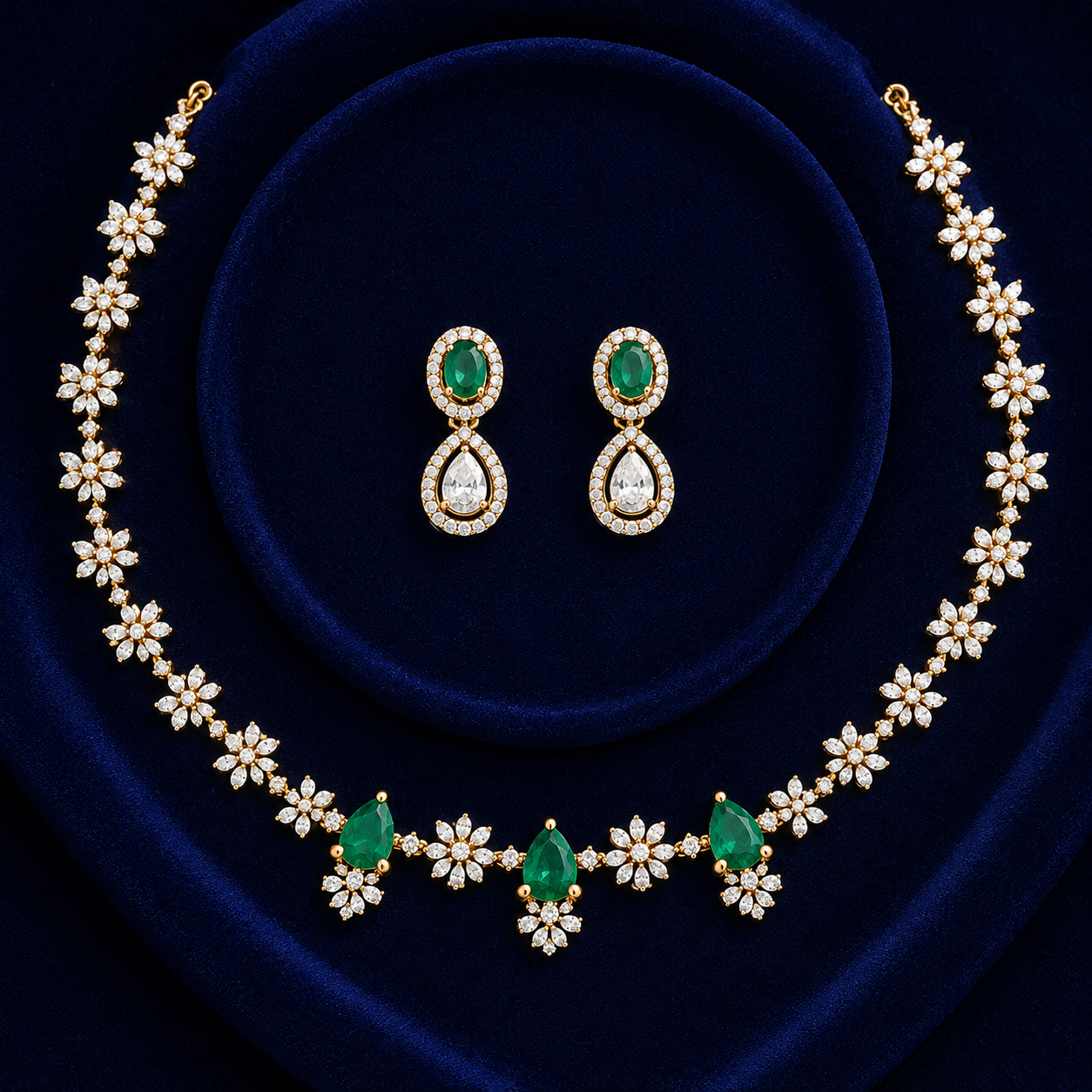 Emerald Bloom Diamond Gold Plated Necklace Set