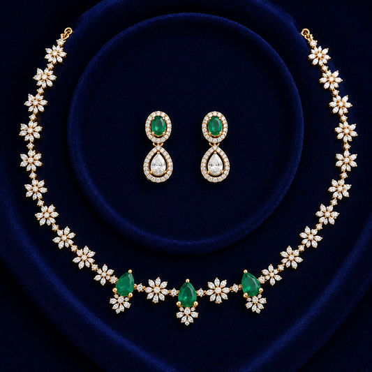 Emerald Bloom Diamond Gold Plated Necklace Set