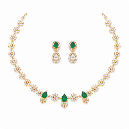 Emerald Bloom Diamond Gold Plated Necklace Set